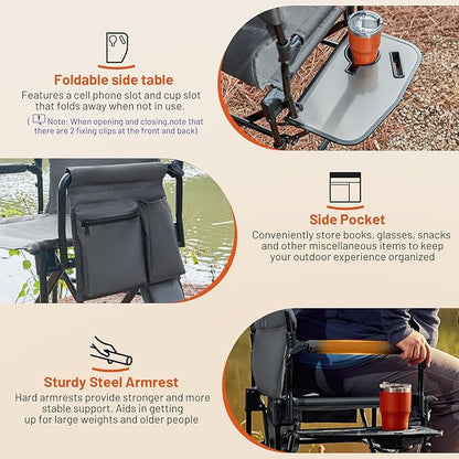 TIMBER RIDGE Heavy Duty Aluminium Heated Camping Chair with Compact Size, Portable Directors Chair Supports Up to 400lbs with Side Table and Pocket for Camping, Lawn, Sports (Power Bank not Included)