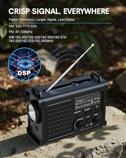 Upgraded Emergency Weather Radio - Hand Crank & Solar Powered, NOAA/AM/FM Radio with Weather Alert, Portable USB Charger, Flashlight, Reading Lamp, SOS for Home Emergency Kit, Camping & Outdoor Black