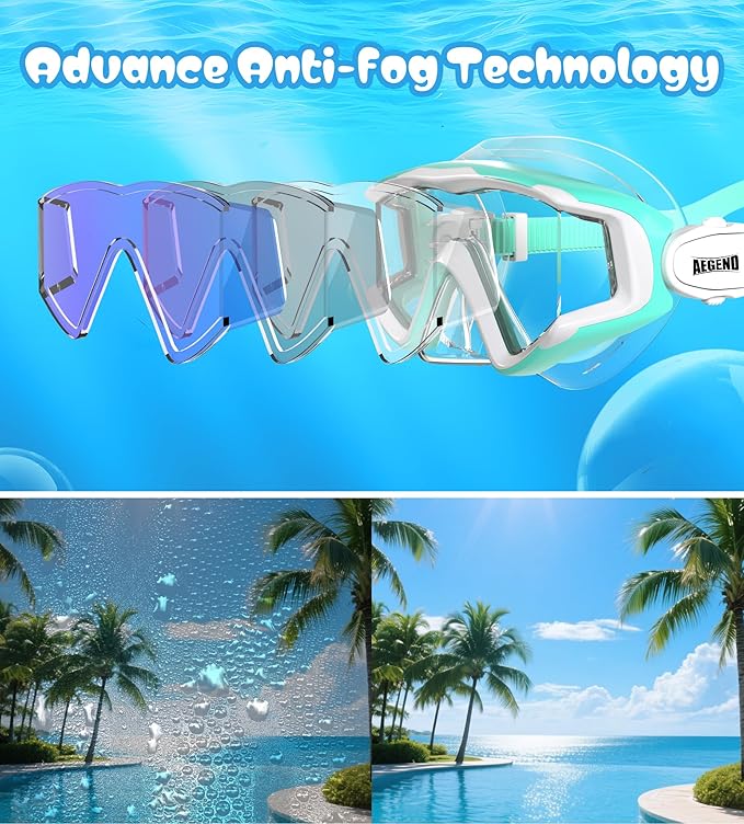 Aegend Snorkeling Gear for Adults Youth Kids, Dry Snorkel Set Panoramic View Enhanced Anti-Leak and Anti-Fog Technology, Adjustable Strap for Snorkeling Scuba Diving Swimming with Mesh Bag