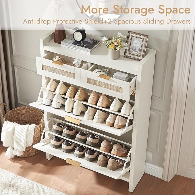 Rattan Shoe Storage Cabinet with 2 Drawers & 2 Flip Drawers – Hidden Slim Shoe Organizer for Entryway, Large Tabletop Space, Farmhouse Boho Narrow Shoe Rack, Rustic White