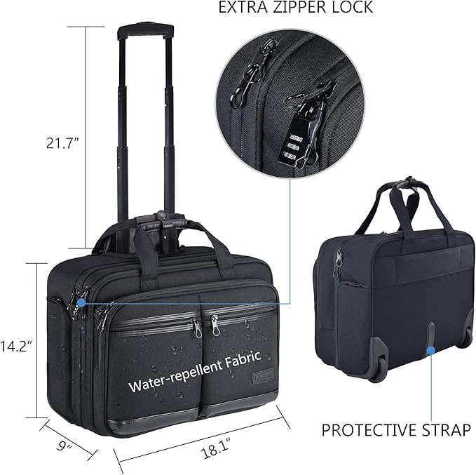 KROSER Rolling Laptop Bag Premium Rolling Briefcase Fits Up to 17.3 Inch Laptop Overnight Computer Bag with RFID Pockets for Travel/Business/Men/Women-Black
