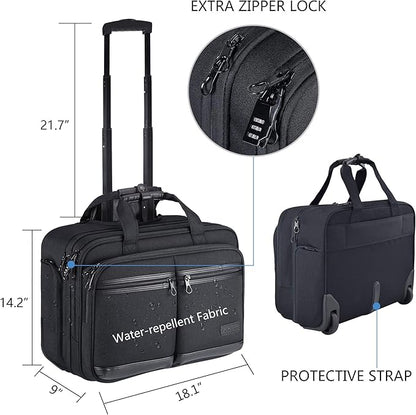 KROSER Rolling Laptop Bag Premium Rolling Briefcase Fits Up to 17.3 Inch Laptop Overnight Computer Bag with RFID Pockets for Travel/Business/Men/Women-Black
