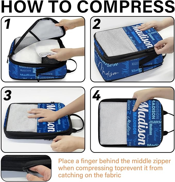 Personalized 6 Set Compression Packing Cubes for Travel Essentials with Name Customized Lightweight Carry on Expandable Luggage Organizer Bags for Women and Men, Blue
