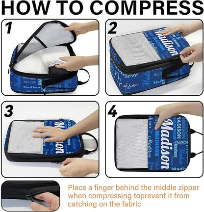 Personalized 6 Set Compression Packing Cubes for Travel Essentials with Name Customized Lightweight Carry on Expandable Luggage Organizer Bags for Women and Men, Blue