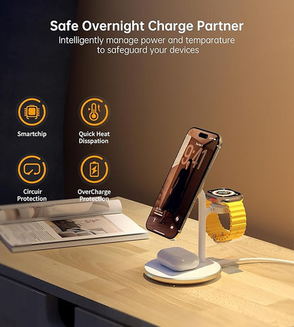 XooFly 3 in 1 Wireless Charging Station for Apple Devices, Fast Wireless Mag-Safe Charger Stand with 20W Adapter for iPhone 17/16 15 14 13 12 Pro Max/Pro/Plus/Air/Mini, iWatch, AirPods (Gold)