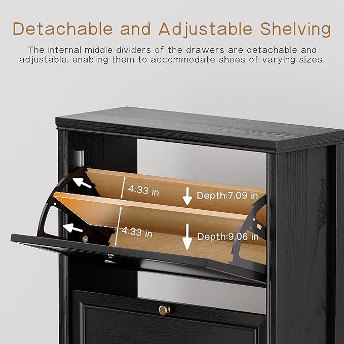 Chogori 3-Tier Shoe Cabinet – Solid Wood Entryway Shoe Storage Organizer with Flip-Up Doors, Adjustable Shelves – Narrow Freestanding Shoe Cabinets for Hallway – Space-Saving Design (2, Onyx Black)