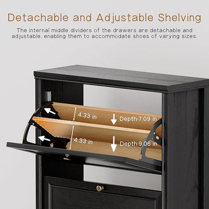 Chogori 3-Tier Shoe Cabinet – Solid Wood Entryway Shoe Storage Organizer with Flip-Up Doors, Adjustable Shelves – Narrow Freestanding Shoe Cabinets for Hallway – Space-Saving Design (2, Onyx Black)