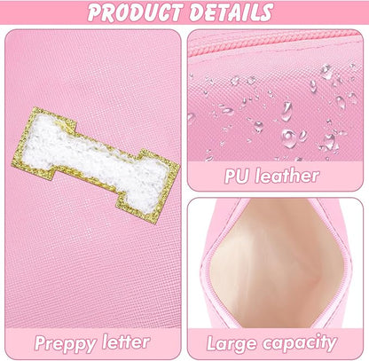 Initial Makeup Bag Personalized Preppy Travel Small Cosmetic Bag Cute PU Pink Chenille Letter Makeup Pouch for Purse Waterproof Zippered Toiletry Organizer for Women Girls Kids Friends (I)