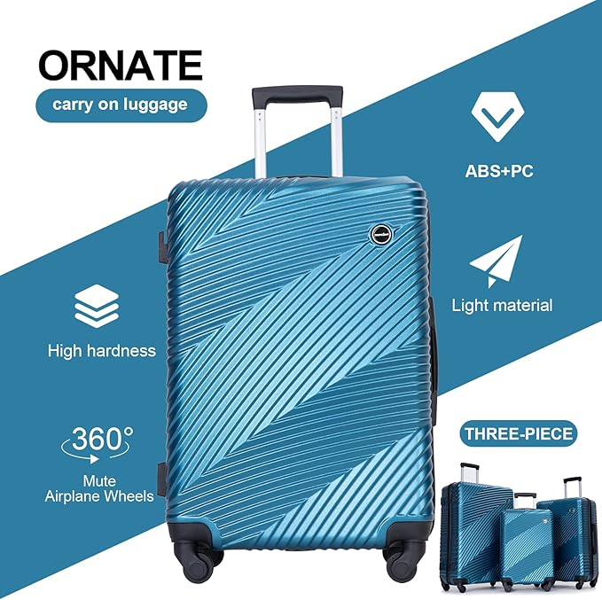 Luggage Sets 3 Piece, Hardside PC ABS Suitcase Set with Spinner Wheels, Lightweight Travel Carry-on and Checked Luggage, 3-Piece Set(20/24/28), Turquoise Blue