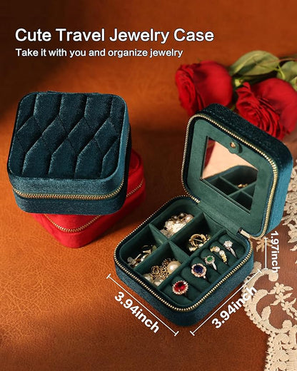 Velvet Jewelry Box – Travel Jewelry Case Organizer with Mirror, Adjustable Compartments for Women | Luxury Storage Case & Gift for Her - Light Blue