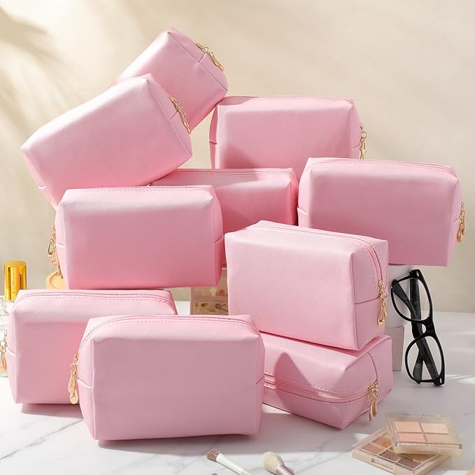 Cunno 100 Pcs Makeup Bags Bulk PU Leather Cosmetic Pouch Christmas Small Pouch Bag DIY Toiletry Bags Preppy Aesthetic Travel Storage Organizer for Women Travel Christmas Party Gift(Pink)
