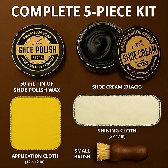 Eagle Shoe Shine Kit – 5-Piece Leather Shoe Polish & Cream Set with Brush & Cloths