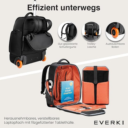 EVERKI Atlas Wheeled 2 Rolling Backpack, 30L 13 To 17.3-Inch Laptops Travel Backpack with Wheels for Professional, RFID-Blocking Pocket, Book Bag with Wheels, Business Travel. Quick-access Pockets