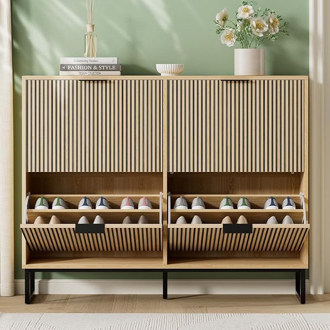 Shoe Cabinet Storage with 4 Flip Drawers, Narrow Hidden Shoe Organizer Cabinet for Entryway, Modern Freestanding Slim Shoe Rack Organizer Shoe Cupboard for Hallway, Natural Wood