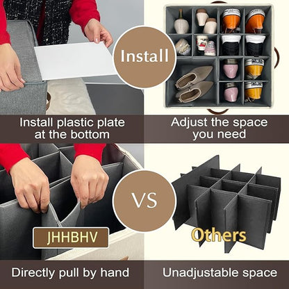 1 Pack Shoe Organizer for Closet, Adjustable Shoe Box Storage Containers, Large Foldable Shoe Bins with Clear Cover, Space Saving Shoes Holder with 4 Handles, Fits 8-16 Pairs, Beige