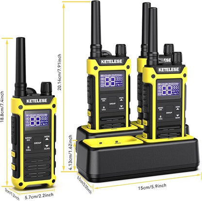 KETELESE T3F IP67 Waterproof Two Way Radios, FRS Walkie Talkie 4 Pack with Earpieces,USB C Charge Dock,Group Talk,Flashlight,VOX,Weather Alert, for Adults, Black/Yellow