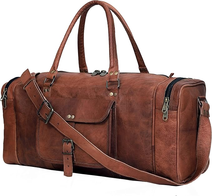 24 Inch Large Leather Duffel Travel Duffle Gym Sports Overnight Weekender Bag (brown)