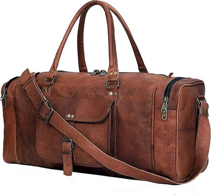 24 Inch Large Leather Duffel Travel Duffle Gym Sports Overnight Weekender Bag (brown)