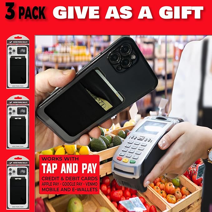 Gecko Travel Tech Double Pocket - Adhesive Card Holder - Cell Phone Pouch - Stick on Spandex Pocket - Carry Credit Cards and Cash (3 PACK - -BLANK- BLACK)