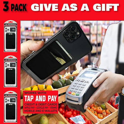 Gecko Travel Tech Double Pocket - Adhesive Card Holder - Cell Phone Pouch - Stick on Spandex Pocket - Carry Credit Cards and Cash (3 PACK - -BLANK- BLACK)