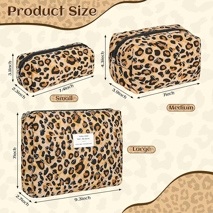 Quilted Makeup Bag Set,3 Pcs Puffy Cosmetic Bags Aesthetic Make Up Bags,Small Zipper Pouch,Travel Toiletry Bag Purse Organizer Pouches for Women (Leopard-Print)
