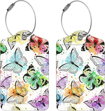 2 Pcs Luggage Tags for Suitcase, Cute Unique PU Leather Travel Bag Tag with Privacy Cover ID Label Address Card and Durable Metal Ring Suitable for Men Women Children Backpack,Colored Butterfly A