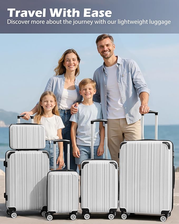 Coolife Luggage Expandable(only 28") Suitcase PC+ABS Spinner 20in 24in 28in Carry on (white grid new, 5 piece set)