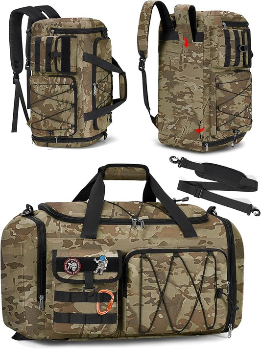 SDYSM Gym Bag for Men 45L Sports Duffel Bags 3-in-1 Travel Duffel Bag with Shoe Compartment, Gym Workout Backpack Carry On Weekender Bag Overnight Bag for Travel, KhakiCamouf