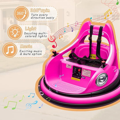 12V Electric Ride On Bumper Car for Kids, Bumper Car for Toddlers 3+ W/Remote Control, LED Lights & 360 Degree Spin, Bluetooth, Anti-Collision Padding Five-Point Safety Belt (Rose Red)