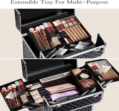 Rolling Makeup Train Case Large Cosmetic Trolley Organized Aluminum Barber Case for Hairstylist Makeup Nail Tech Salon with Keys Swivel Wheels Traveling Cart Trunk - Black