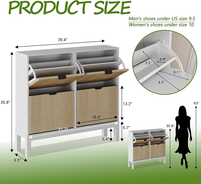 GAOMON Shoe Cabinet with 4 Flip Drawers, Entryway Cabinet with Adjustable Shelves, Accommodate 16 to 20 Pair of Shoes, Space-Saving Slim Shoe Cabinet for Entryway, Hallway, Front Door, White Oak