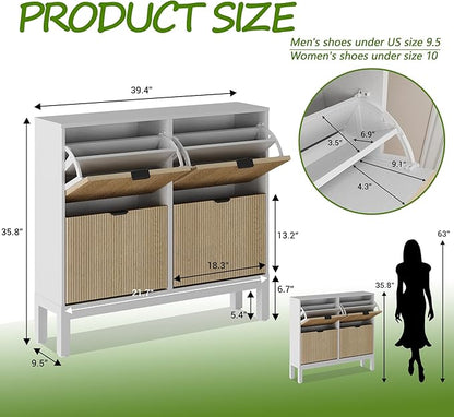 GAOMON Shoe Cabinet with 4 Flip Drawers, Entryway Cabinet with Adjustable Shelves, Accommodate 16 to 20 Pair of Shoes, Space-Saving Slim Shoe Cabinet for Entryway, Hallway, Front Door, White Oak
