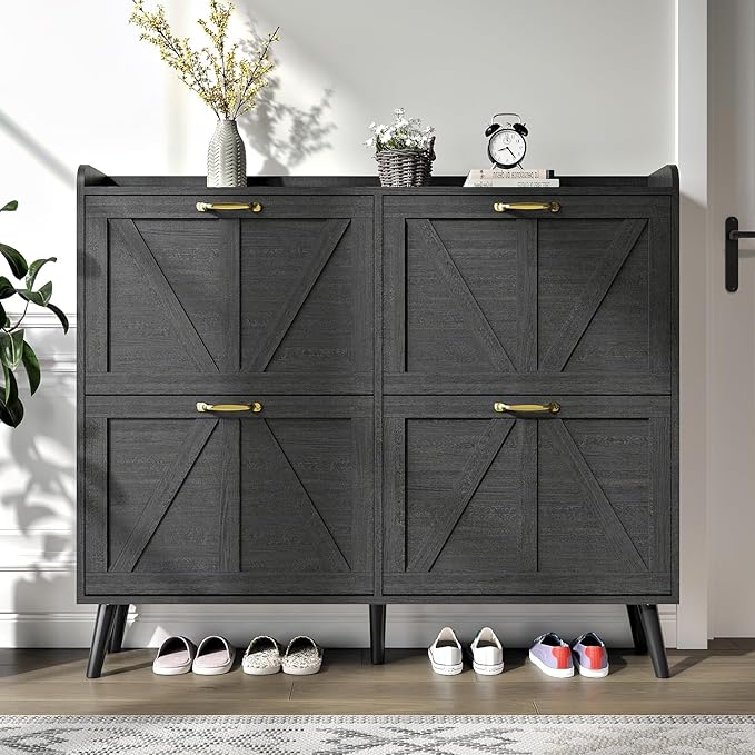 Shoe Storage Cabinet with 4 Flip Drawers, Shoe Cabinet Storage for Entryway Slim, Freestanding Black Shoe Cabinet, Farmhouse Shoe Organizer Hidden Shoe Cabinets with Wooden Legs, Black