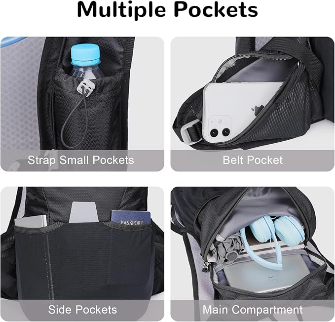 12L Small Hiking Backpack with Adjustable Chest Strap for Men, Running Backpack with Phone Pocket, Black