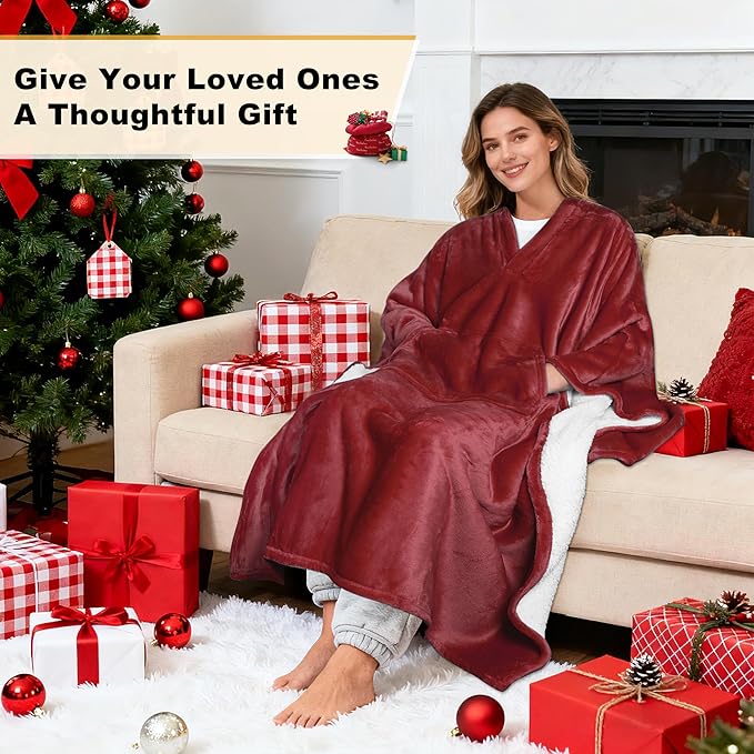Catalonia Sherpa Wearable Blanket Poncho for Adult Women Men, Wrap Blanket Cape with Pocket, Warm, Soft, Cozy, Snuggly, Comfort Gift, No Sleeves, Wine