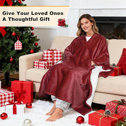 Catalonia Sherpa Wearable Blanket Poncho for Adult Women Men, Wrap Blanket Cape with Pocket, Warm, Soft, Cozy, Snuggly, Comfort Gift, No Sleeves, Wine