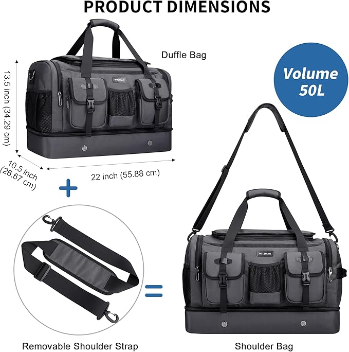 WITZMAN Duffle Bag for Men Large Carry On Travel Mens Weekender Overnight Bags with Shoes Compartment for Sports Gym(B723 Silvery Grey)