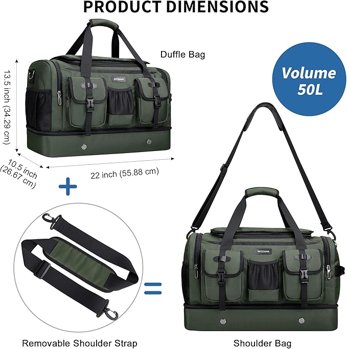 WITZMAN Duffle Bag for Men Large Carry On Travel Mens Weekender Overnight Bags with Shoes Compartment for Sports Gym(B723 Army Green)