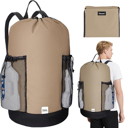 BALEINE 150L Laundry Bag Backpack, 900D Oxford Fabric Large Travel Laundry Bags with Shoulder Straps and 2 Mesh Pockets for College Dorm, Apartment, Laundromat (Khaki, 150L)