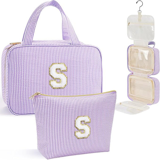 YOOLIFE Hanging Toiletry Bag - Large Capacity Personalized Travel Toiletry Bag for Women, Cruise Ship Essentials - Letter S, Purple