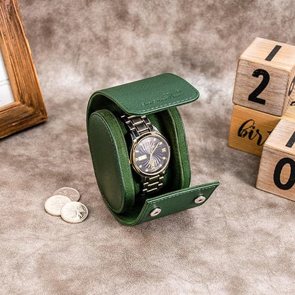 SANQIANWAN Single Travel Storage Watch Roll Portable PU Leather Watch Case Box for Men with Button Style Removable Watch Pillow Watch Display Roll (Dark Green)