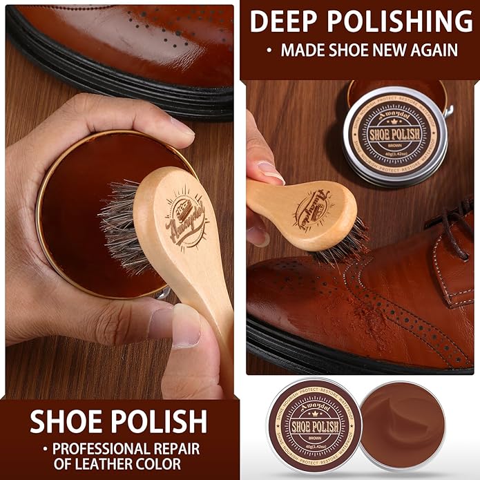 10 PCS Shoe Polish Kit - Horsehair Brushes, Black Brown Polish Cream,Mink Oil Conditioner for Shoes,Polishing Cloth, Leather Boots Shine Care Kit ﻿Gift for Men Cowboy Husband Dad ﻿
