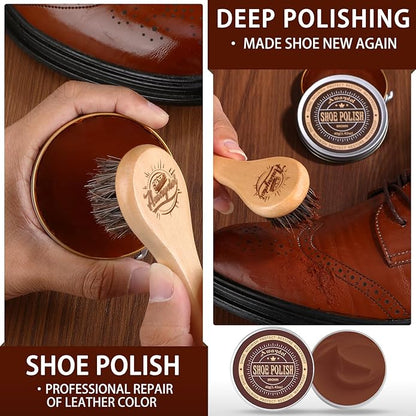 10 PCS Shoe Polish Kit - Horsehair Brushes, Black Brown Polish Cream,Mink Oil Conditioner for Shoes,Polishing Cloth, Leather Boots Shine Care Kit ﻿Gift for Men Cowboy Husband Dad ﻿