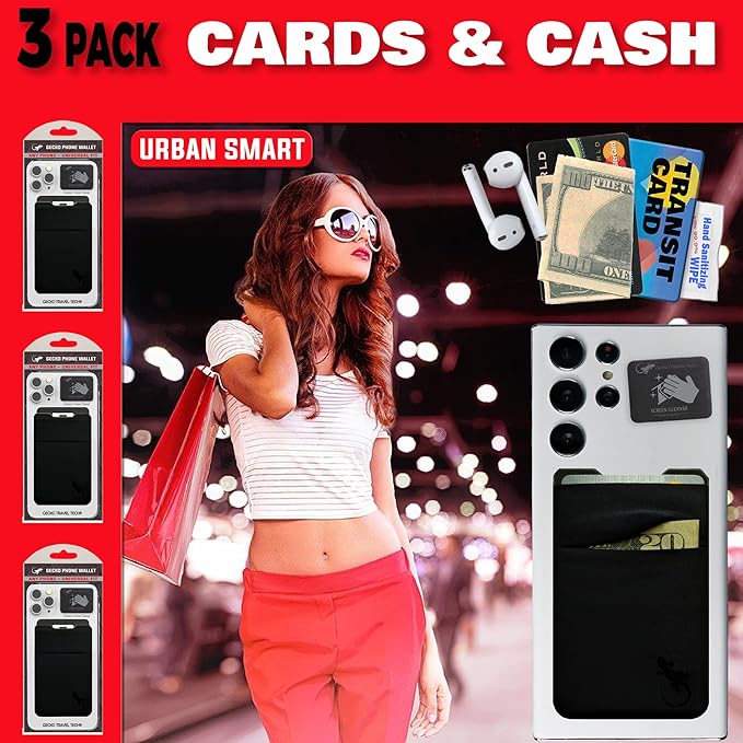 Gecko Travel Tech Double Pocket - Adhesive Card Holder - Cell Phone Pouch - Stick on Spandex Pocket - Carry Credit Cards and Cash (3 PACK - BLACK BLACK)