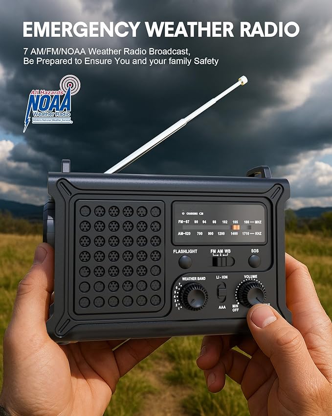 Upgraded Emergency Weather Radio - Hand Crank & Solar Powered, NOAA/AM/FM Radio with Weather Alert, Portable USB Charger, Flashlight, Reading Lamp, SOS for Home Emergency Kit, Camping & Outdoor Black