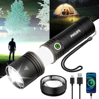 Philips Flashlights High Lumens Rechargeable with Ignition Lens,2500lm Tactical Flashlights with Camping Lamp,2 Colors Zoomable 5Modes Reverse Charging LED Bright Flashlight for Home Outdoor Gift