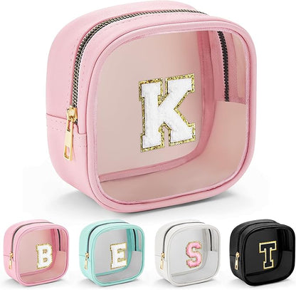 YOOLIFE Mini Initial Makeup Bag | Clear Makeup Bag | Preppy Cosmetic Bags Travel Essentials Gifts for Women Teen Girlfriend Teacher Birthday Clear Toiletry Bag Small Cosmetic Bag for Purse Pink K