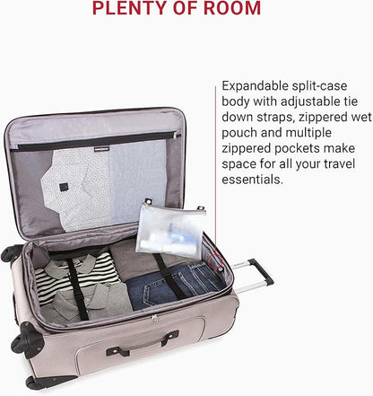 SwissGear Sion Softside Expandable Luggage – Large Checked Suitcase with 360 Degree Wheels & Retractable Handle – 29 Inch, Perfect for 7-9 Night Trips – Pewter