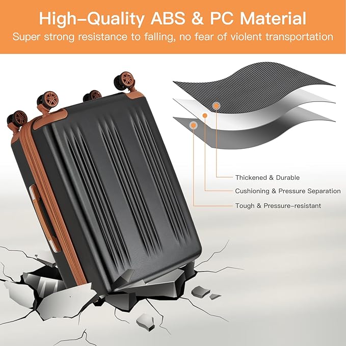 Kono Expandable Luggage 3 Piece Set Hardshell Lightweight 20in 24in 28in Carry On Suitcase with Spinner Wheels TSA Lock(Black & Brown)