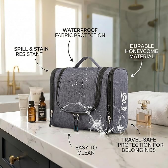 Bago Travel Toiletry Bag for Women and Men - Large Waterproof Hanging Toiletry Bag for Bathroom and Travel Bag for Toiletries Organizer (Snow Black)